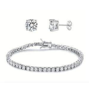 New 18K White Gold Plated Zirconia Tennis Bracelet & Four-claw Zirconia Earrings
